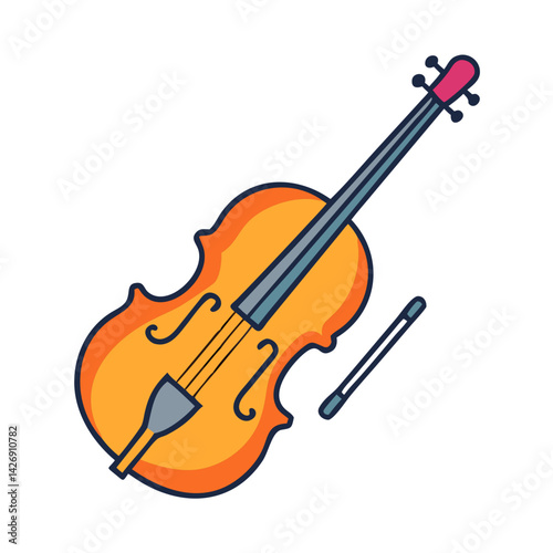Stylized Cartoon Violin with Bow Illustration on Black
