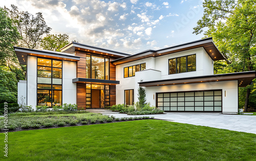 Modern house with white walls and brown wood accents, large windows on the first floor for natural light, two-story garage, green lawn in front of it.