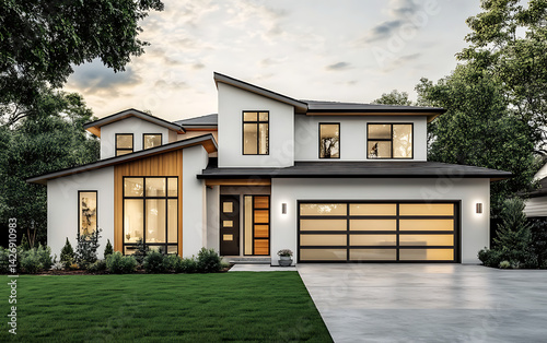 Modern house with white walls and brown wood accents, large windows on the first floor for natural light, two-story garage, green lawn in front of it.