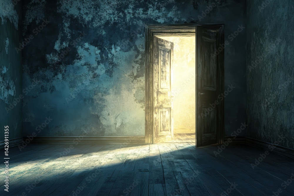 Obraz premium Light emerges from a door in a dark, abandoned room, 3D - Leaving the darkness through a door that opens into the light