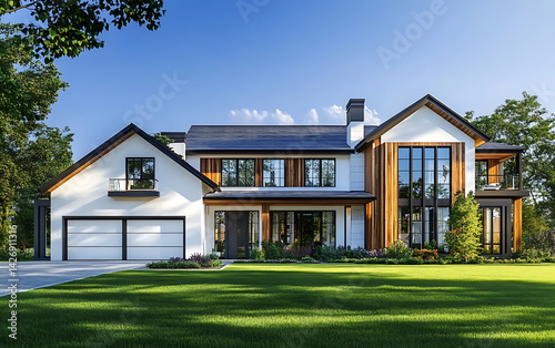 Modern house with white walls and wooden cladding, large windows on the first floor, garage in front of it, lawn near the two-story family home with trees, green grass around it.