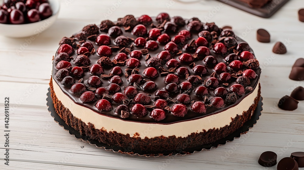 chocolate cake with cherries and raspberries