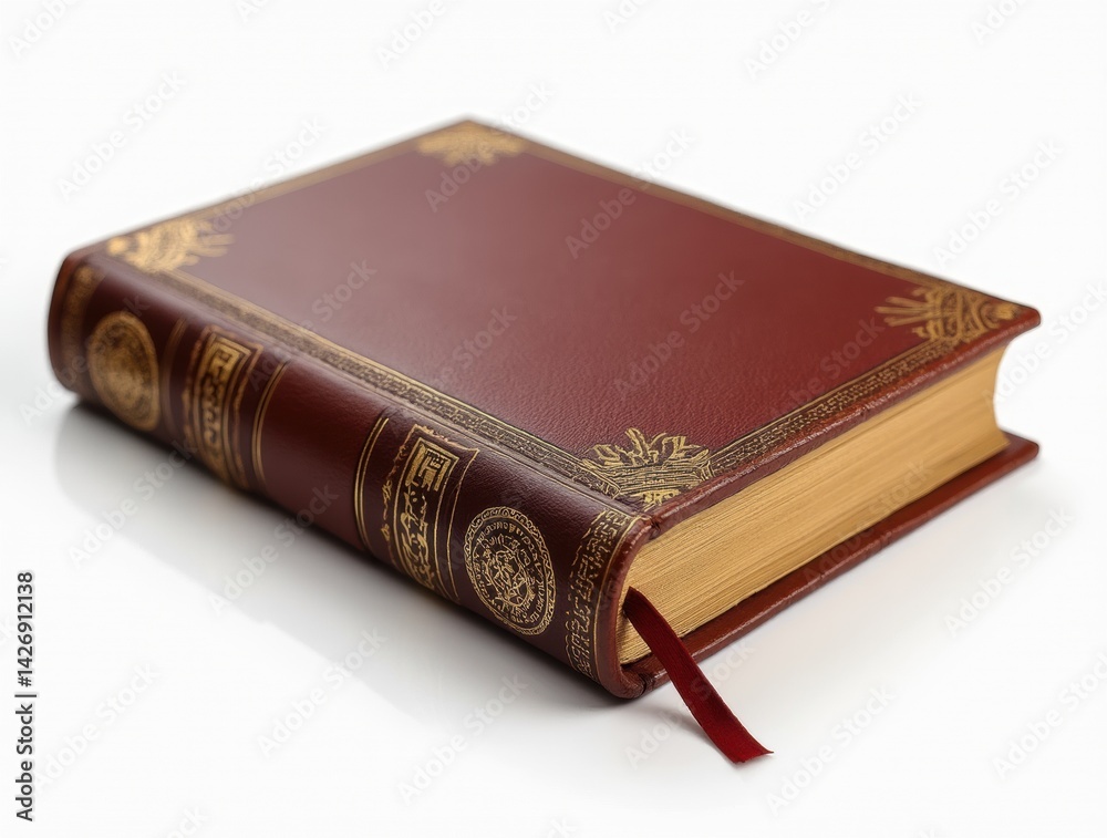 Obraz premium Classic leather-bound book with gold embossing perfectly isolated on white background showcasing elegant traditional bookbinding craftsmanship