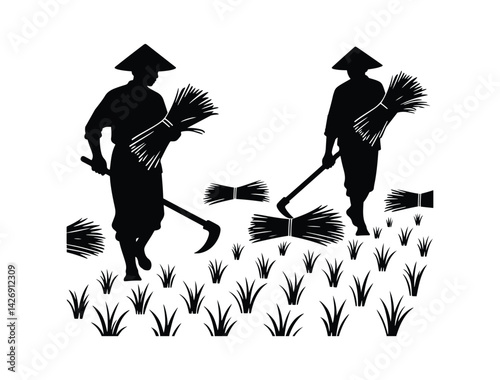 Farmer Planting Rice – Silhouette Vector Design Agriculture Worker Silhouette