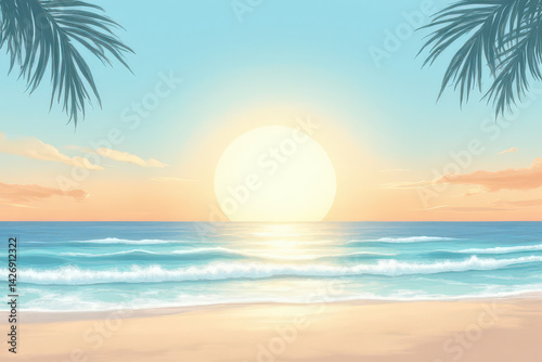Discover Tranquility: Serene Beach View with Pastel Sky, Soft Waves, and Palm Shadows
