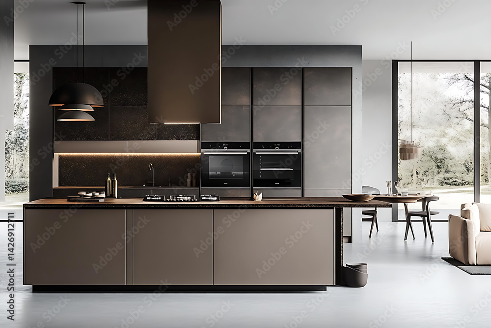 Modern kitchen with island, airtemperature control and hanging cabinet in the background, gray walls, white floor tiles, modern design of light grey furniture with dark brown cabinets Modern kitchen with island, airtemperature control and hanging cabinet in the background, gray walls, white floor tiles, modern design of light grey furniture with dark brown cabinets