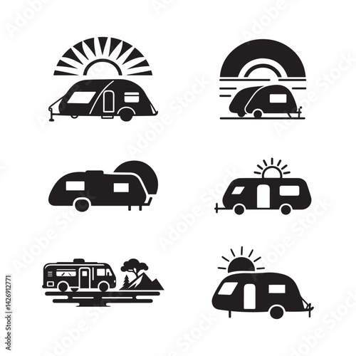 Camper Van at Sunset – Black & White Illustration