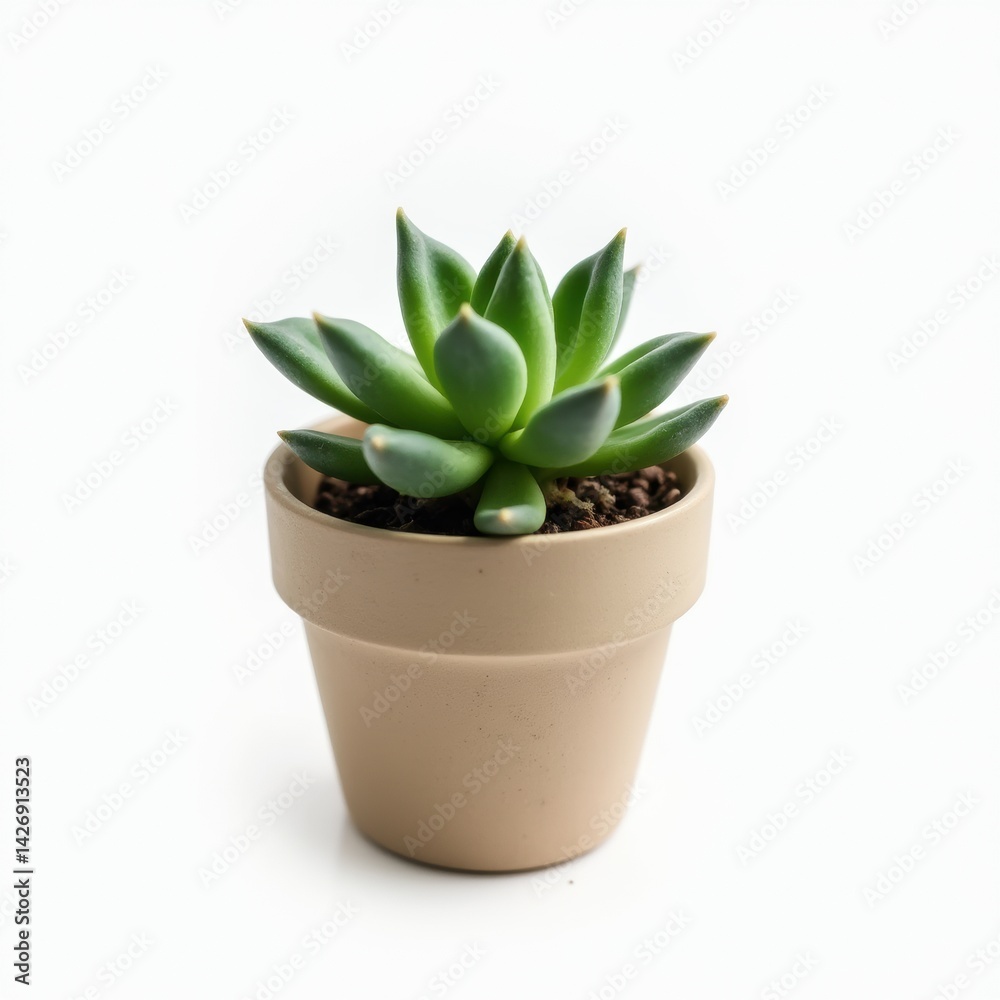 Obraz premium Single succulent plant in small ceramic pot isolated on white background, showcasing geometric leaf patterns and vibrant green color