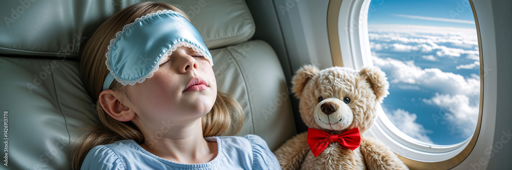 portrait of little girl with soft toy wearing sleep mask sleeping on airplane