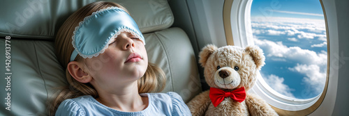 Obraz na płótnie portrait of little girl with soft toy wearing sleep mask sleeping on airplane w salonie