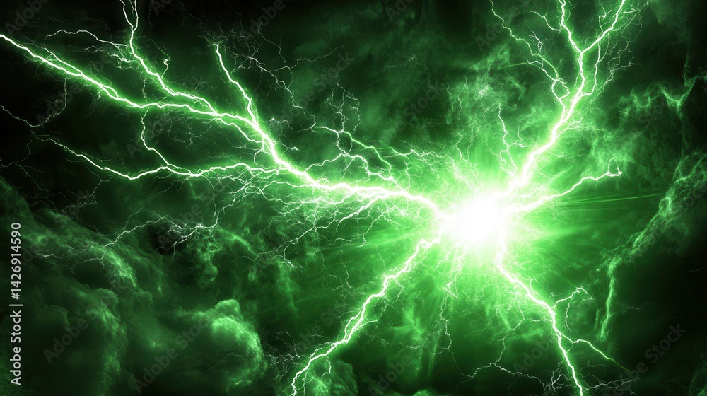 Obraz premium A vivid neon green lightning strike electrifies the scene, illuminating with intense brightness and dynamic energy.