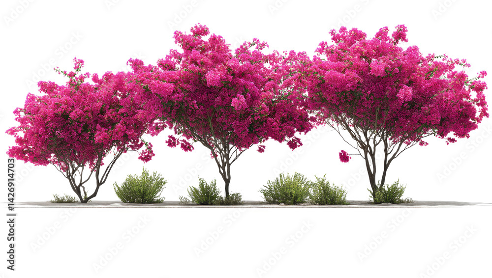 Obraz premium Blossoming Bougainvillea: Three vibrant bougainvillea trees, bursting with a profusion of radiant, magenta blooms, line up. capturing the essence of natural beauty.