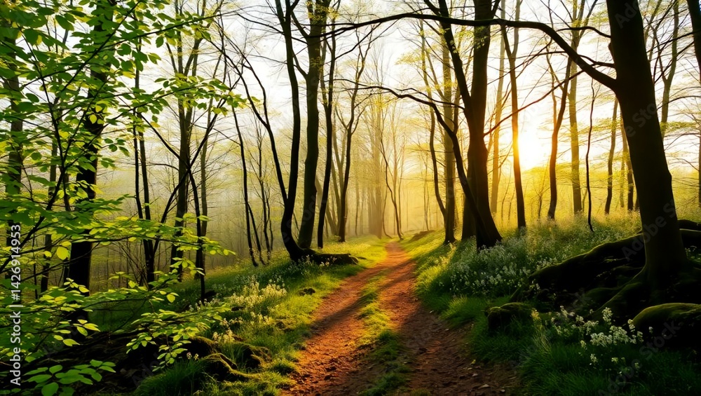 Obraz premium Sunlit Forest Path at Dawn with Lush Greenery