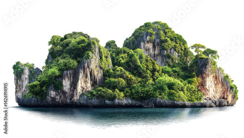 Emerald Isle: Lush green island rock formation is encircled by the calming, crystalline waters of an ocean or a sea under a vast expanse of sky
