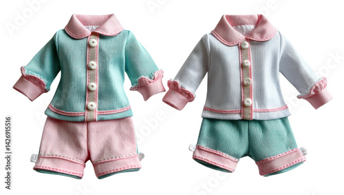 Doll Clothes Sets: Two meticulously crafted doll clothing sets are displayed, showcasing exquisite detail in pastel colors and fine stitching.