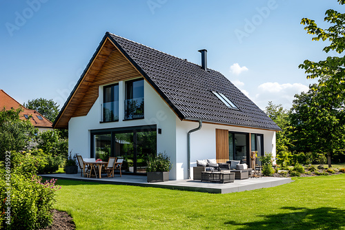 modern family house in Germany, white walls with wood accents on the gable wall and black roof tiles, terrace with garden furniture, surrounded by green trees and grass, sunny day, blue sky