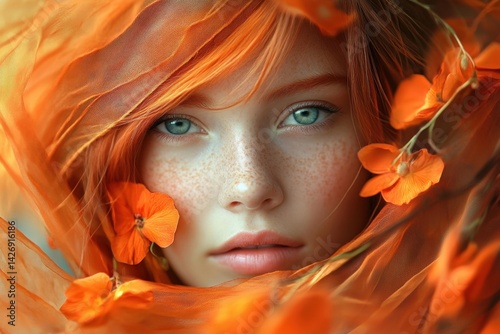 portrait of a woman with orange flowers and veil