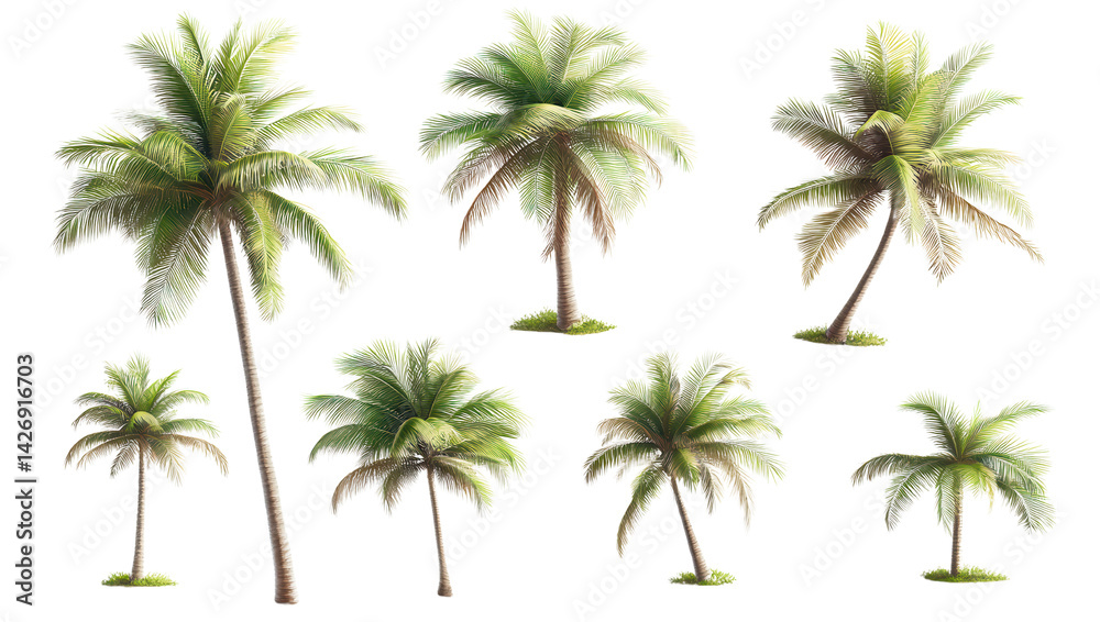Fototapeta premium Tropical Palm Variety: A collection of tropical palm trees, each with its own unique shape and size, standing tall in the warm sunlight, an illustration of tropical essence.