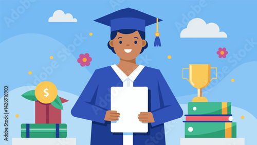A young graduate proudly holds up a certificate announcing their graduation from college debtfree thanks to their participation in a statesponsored. Vector illustration