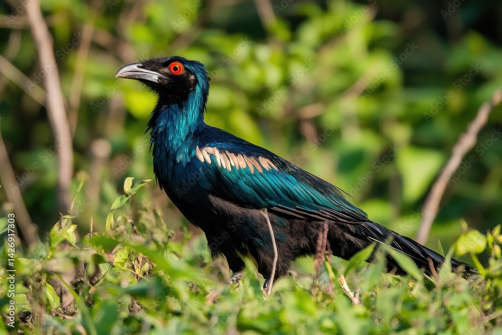 Fototapeta premium Rook corvus frugilegus standing among lush green foliage in natural habitat, Rook corvus frugilegus in the wild standing in the grass