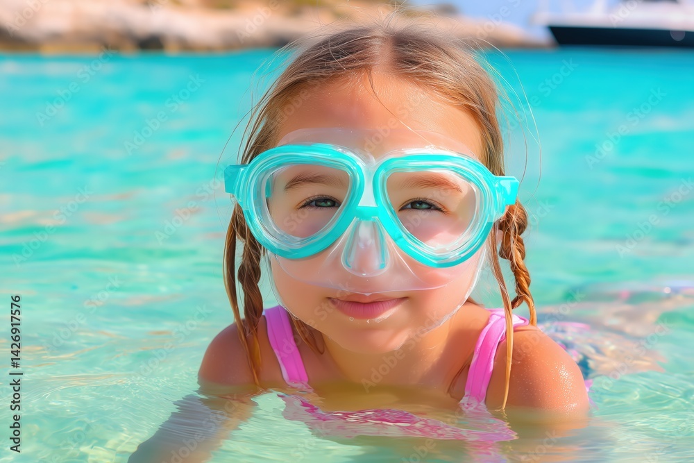 Naklejka premium Joyful child enjoying water play with swim mask, embracing summer fun and adventure in a vibrant aquatic environment, youth exploration concept