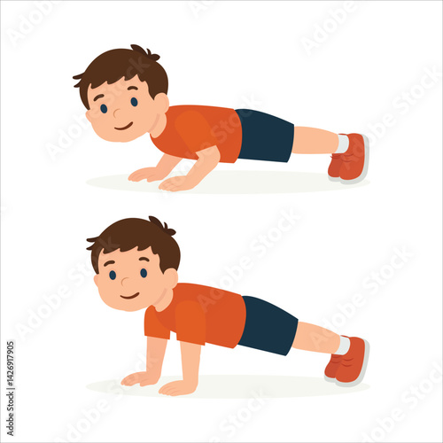 Cartoon boy doing push-up exercise, fitness training for children, isolated on white background. Body parts are movable. It's easy to change poses and animate the character.  Part of set.