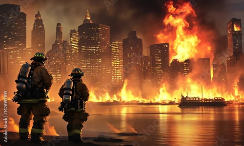 Burning cityscape observed by two firefighters
