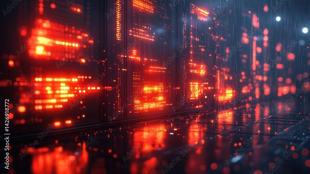 Fototapeta premium Red illuminated server racks in a dark data center with reflective floor and digital network pattern