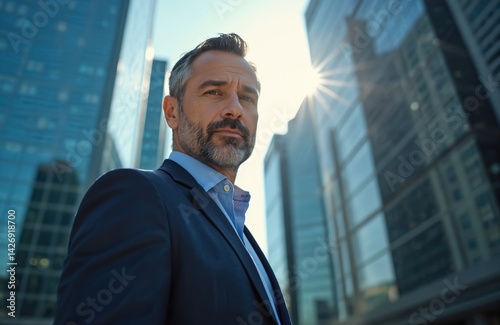 Successful businessman in suit stands downtown against modern urban skyline background. Confident business person in professional attire. Consulting agency owner, corporate pro.
