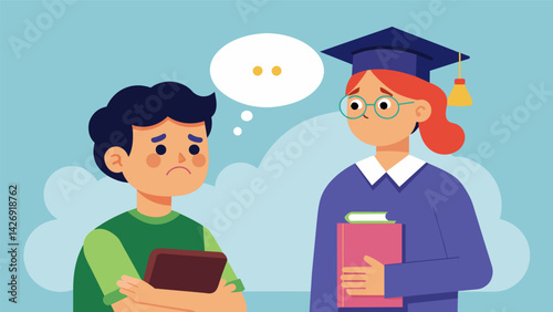 A heated conversation between a student and their older sibling who dropped out of college and is urging the student to do the same and avoid the debt. Vector illustration
