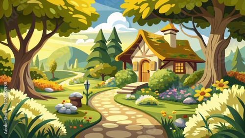 Very beautiful Natural cottage garden scene in white and yellow  featuring a winding pathway.
