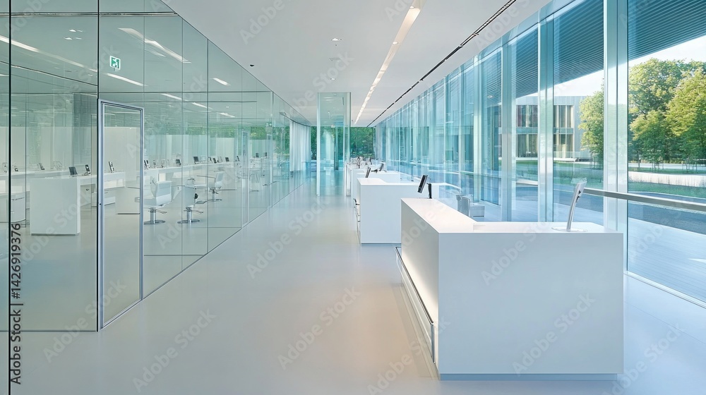 Modern, minimalist interior design with clean lines and glass walls. Modern, minimalist interior design with clean lines and glass walls.