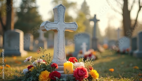 Cemetery cross, flowers. Candlelight Saints Day commemoration. Traditional symbol of faith, spirituality, hope, grief, mourning. Remembrance of deceased, memorial, burial ground, headstones, grave photo