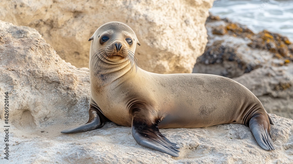 Fototapeta premium A young sea lion pup resting on a set of sunlit rocks, surrounded by the gentle waves of the ocean.