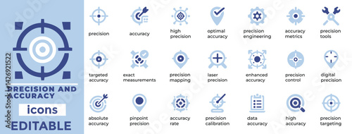 Precision and Accuracy vector set for technical, measurement, QA, and calibration visuals. Clean and editable