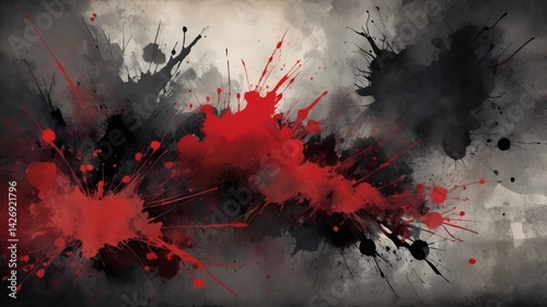 Abstract Ink Wash and Grunge Texture with Red Splatters