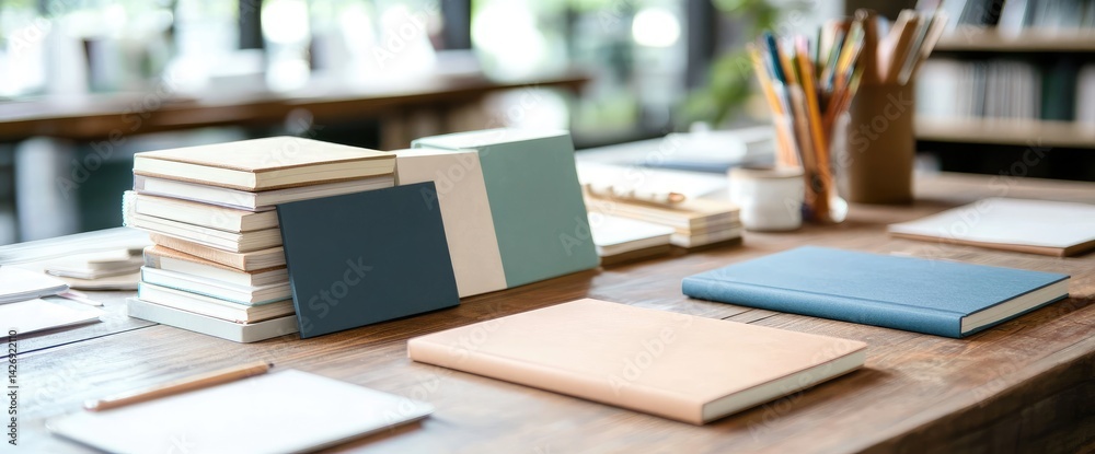 Books and notebooks on desk education concepts minimalist background Books and notebooks on desk education concepts minimalist background