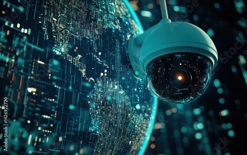 Global surveillance system.  A futuristic security camera hovers over a digital representation of the Earth, implying global monitoring and comprehensive security coverage