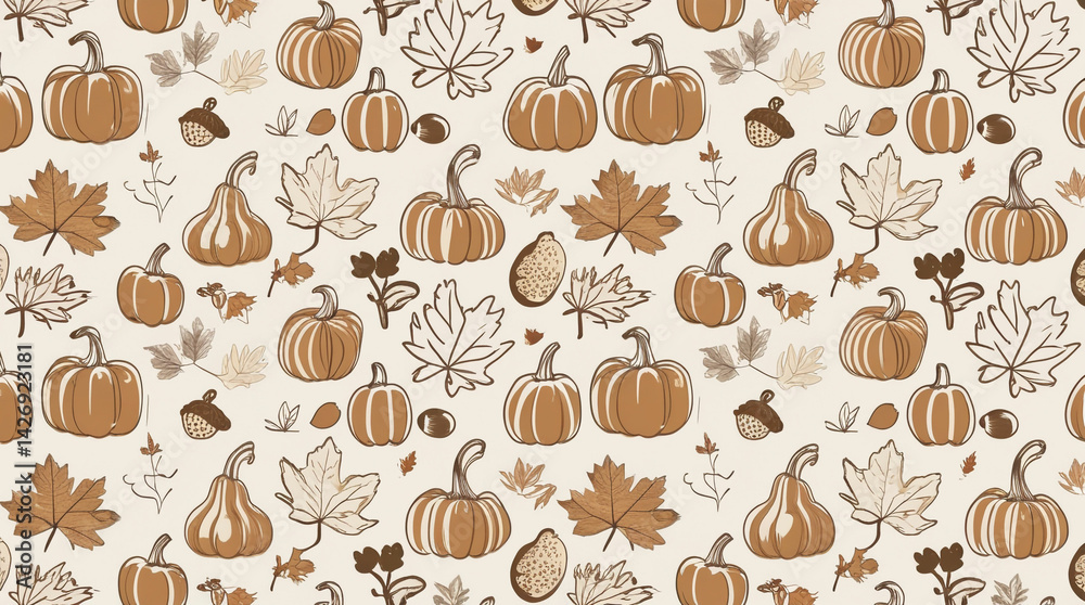 Autumnal Bounty Outline: A Whimsical Pattern of Pumpkins, Leaves, and Gourds in Warm Beige Tones Autumnal Bounty Outline: A Whimsical Pattern of Pumpkins, Leaves, and Gourds in Warm Beige Tones