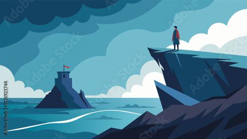 A lone figure stands on a cliff overlooking a stormy sea their inner fortress of peace providing a safe haven amidst the tumultuous waves.. Vector illustration