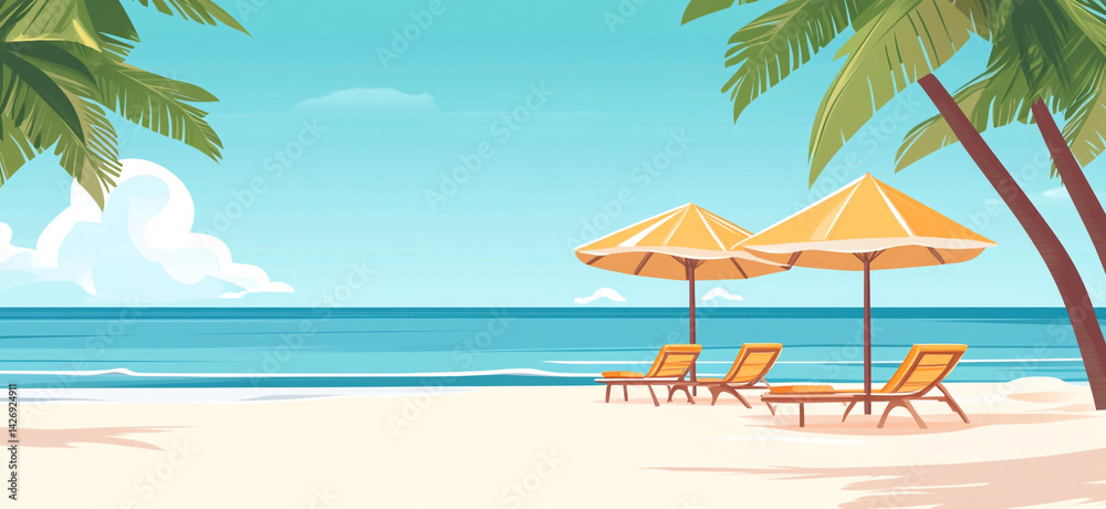 Obraz premium Relaxing Beach with Chairs and Umbrellas Under Palm Trees on Sunny Day