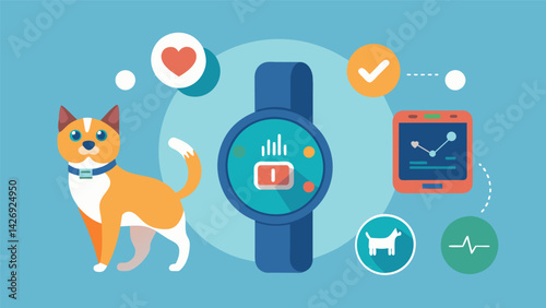 A convenient device that tracks your pets daily calorie burn and syncs with your smarch or fitness tracker allowing you to monitor your pets health. Vector illustration