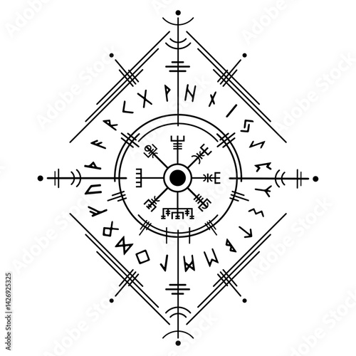 Vegvisir magic navigation compass, ancient viking runic alphabet, used many symbols in accordance to Norse mythology, widely used in Viking society. Vector tattoo, logo icon Wiccan esoteric sign