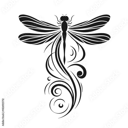 Black Dragonfly with Swirls for Tattoo or T-Shirt Print  