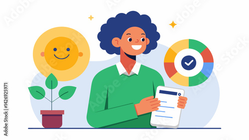 A person looking at their credit score with a big smile now that their student loans are no longer dragging it down.. Vector illustration