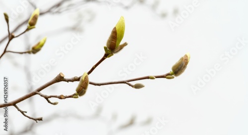 Magnolia branch with budding buds on white canvas background