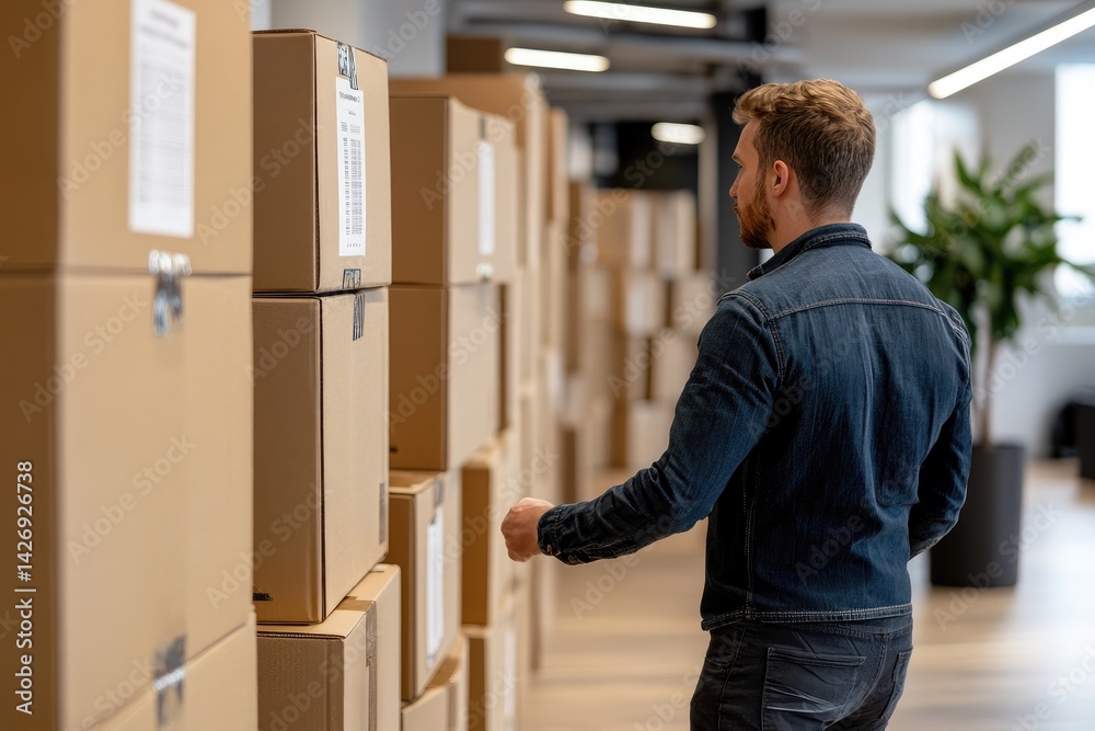 Boxes and warehouse shipping logistics distribution and man inspecting stock