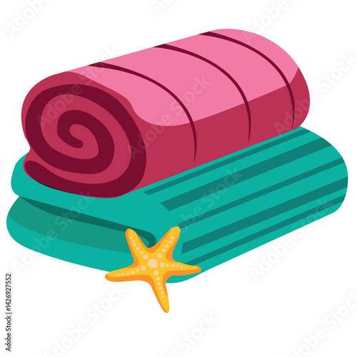 A set of towels, a set of two, on a transparent background. Vector drawing of beach towels and a starfish.