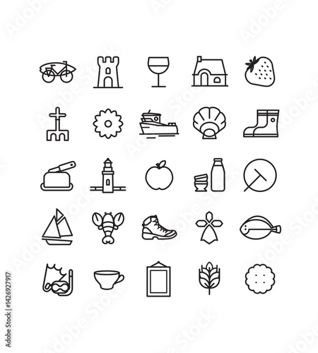 collection de symboles, pictogrammes, icônes sur la Bretagne, dessin vectoriel, tourisme, breton, coutumes, patrimoine, cuisine, pêche, mer, sport, culture, tradition, histoire, région, France