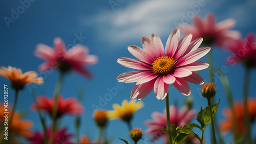 red flower against blue sky